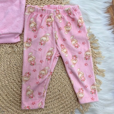 Conj. Casaco de Pelinho Coelhinha com Estrela e Calça em Plush - Rosa